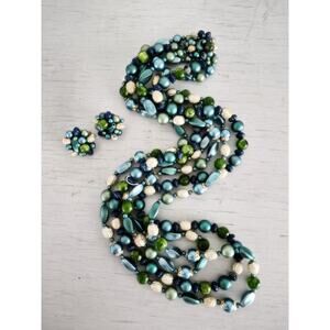 Vintage Japan Blue Green Acrylic Multi-strand Beaded Necklace and Earring Set